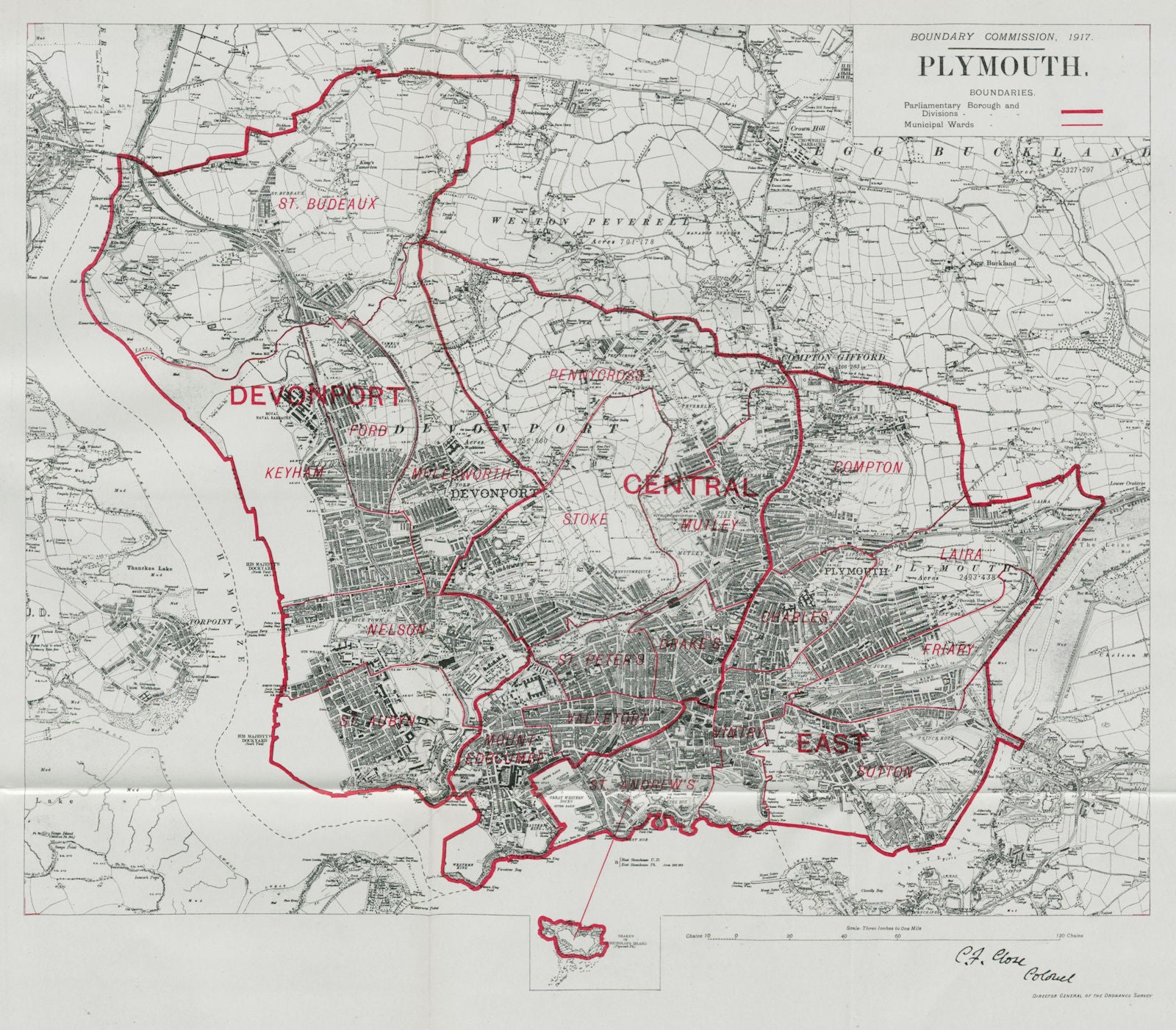 Plymouth Parliamentary Borough. Devonport. BOUNDARY COMMISSION. Close 1917 map